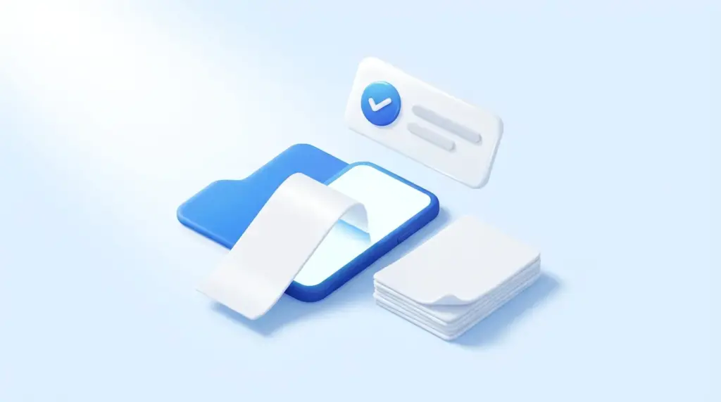 Soft 3D phone scanning a receipt beside documents and a folder, illustrating do I still need an accountant with software