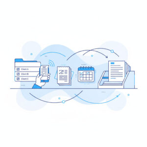 Tidy desk with client folders, a phone scanning a receipt and invoices, illustrating fiduciary software for multiple client mandates