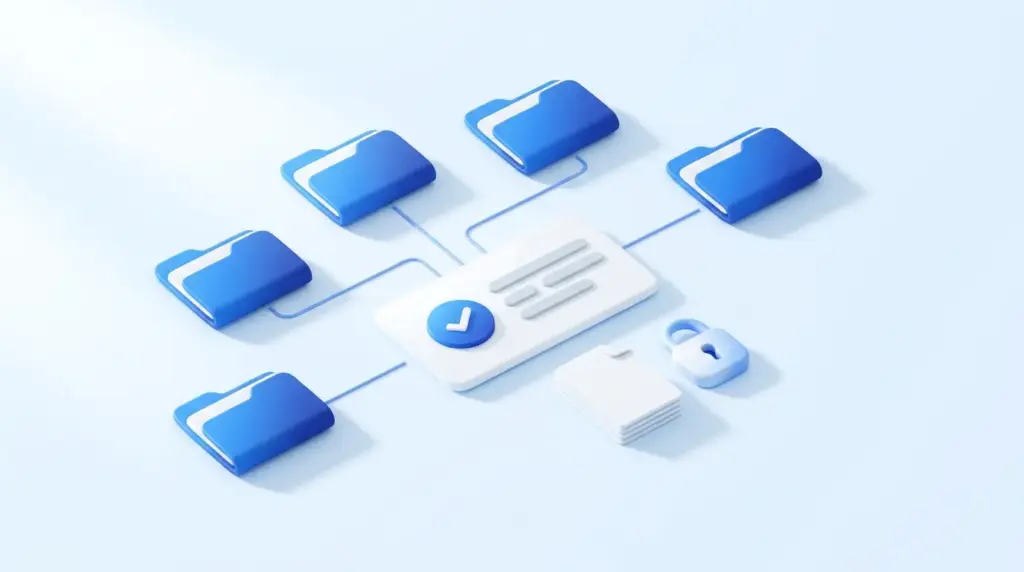 Soft 3D client folders connected to one central overview card, illustrating fiduciary software for multiple client mandates